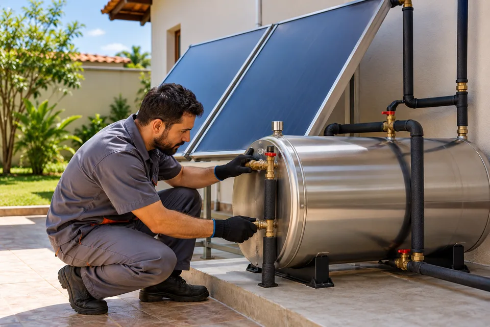 Técnico inspecionando conexões acessíveis de um reservatório térmico