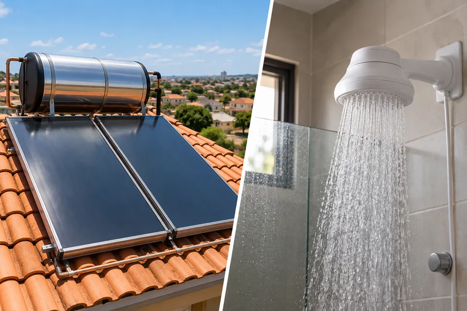 Comparação visual entre sistema solar térmico e chuveiro elétrico