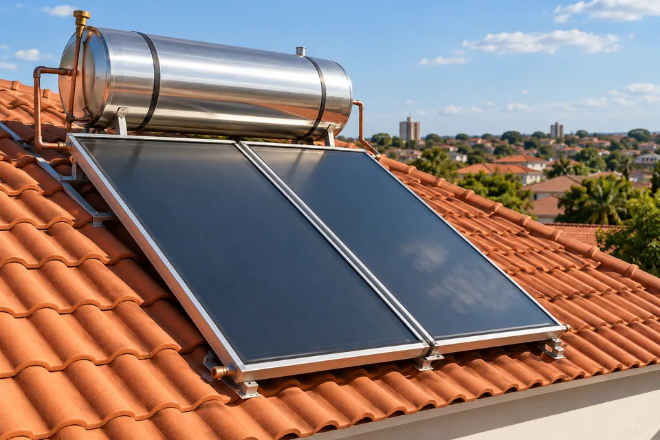 Residência com coletores solares térmicos e reservatório no telhado